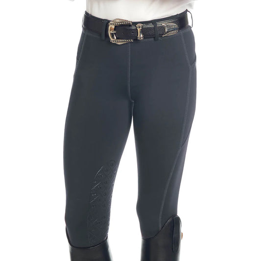 Dark gray riding pants with a belt on a white background