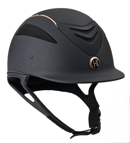 Black equestrian riding helmet with rose gold stripe