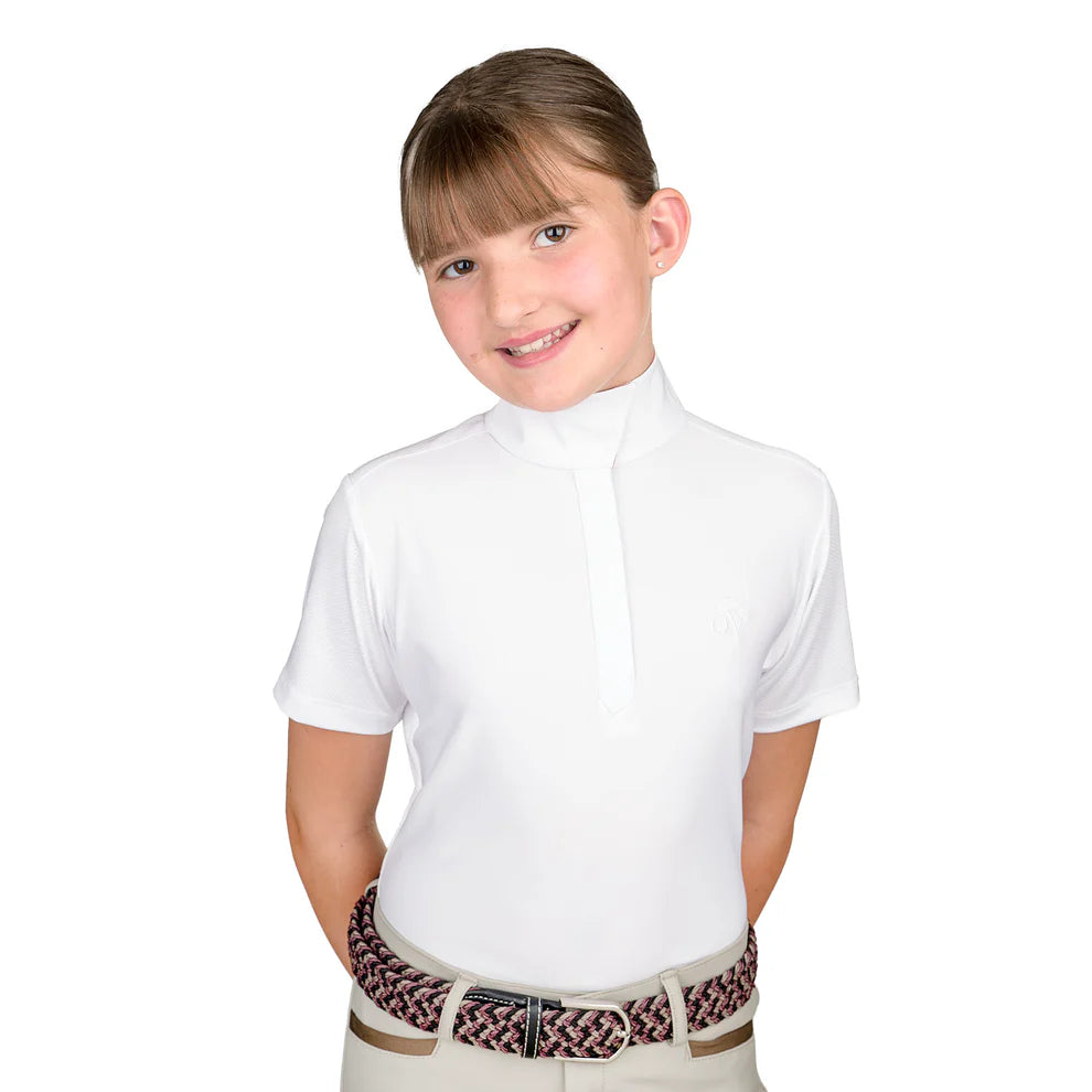 Young girl wearing a white show shirt and patterned belt on a white background
