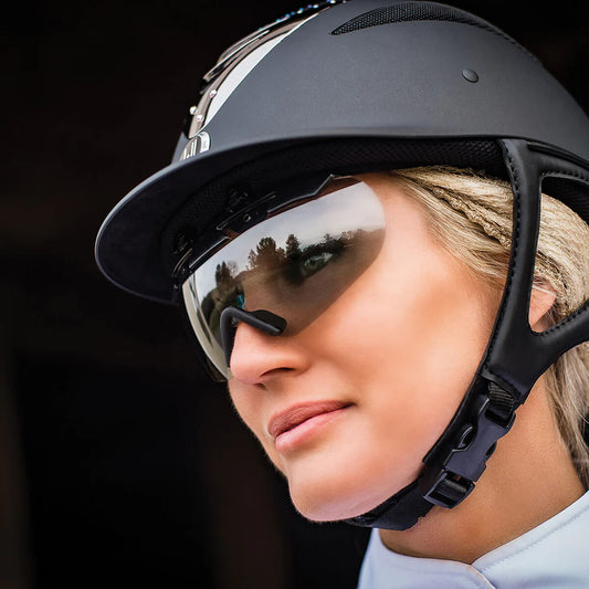 woman wearing a helmet with attached sunglasses