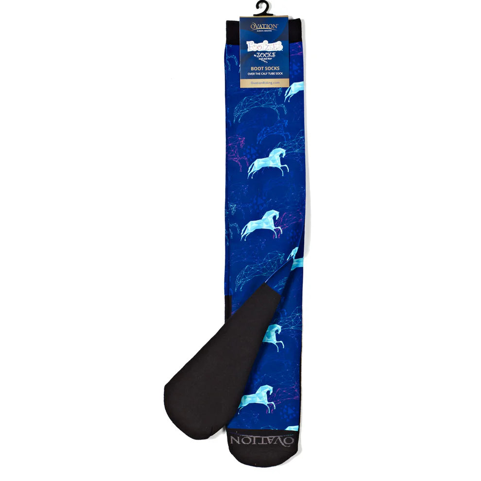Dark blue sock with light blue horse design on a white background