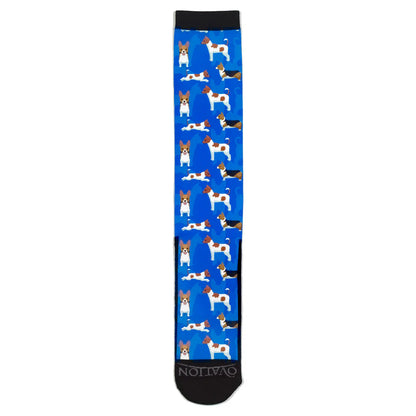 Boot sock with dog pattern on a blue background