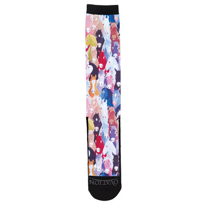 Colorful sock with colorful horse head pattern on a white background