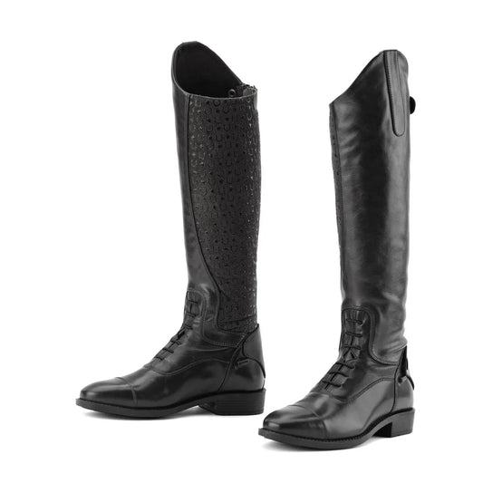 Pair of black riding boots on a white background