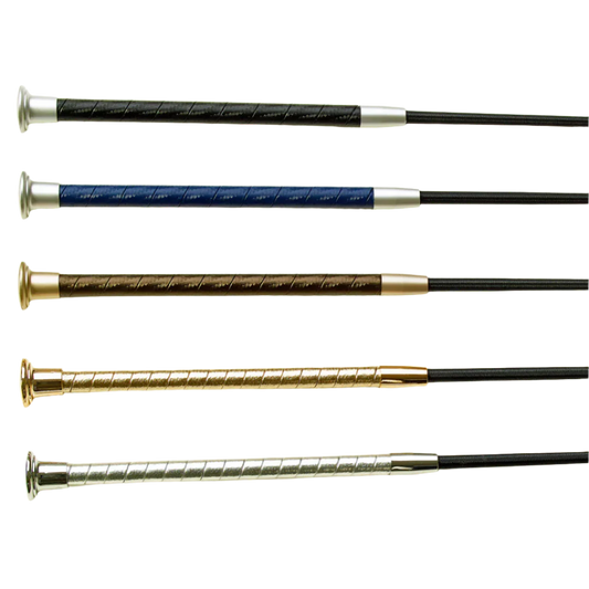 Five black dressage whips with varying colored handles.  