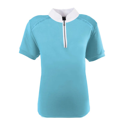 Cool Blue polo shirt with white collar and 1/4 zip on a white background