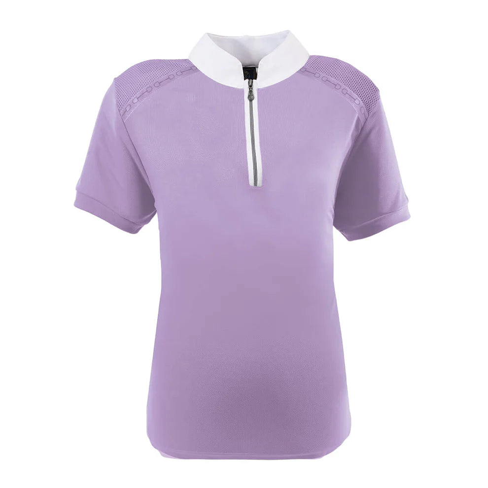 Lavender polo shirt with white collar and 1/4 zip on a white background