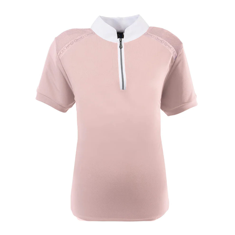 Pink polo shirt with white collar and 1/4 zip on a white background