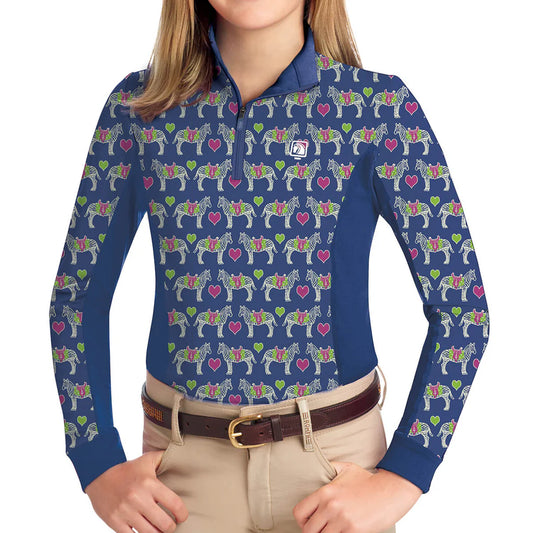 Person wearing a blue long-sleeve riding shirt with colorful zebra and heart pattern on a white background