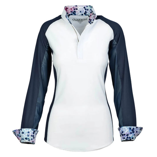 Front view of white equestrian show shirt with Navy sleeves showing the inside geometric print of the collar and cuffs.