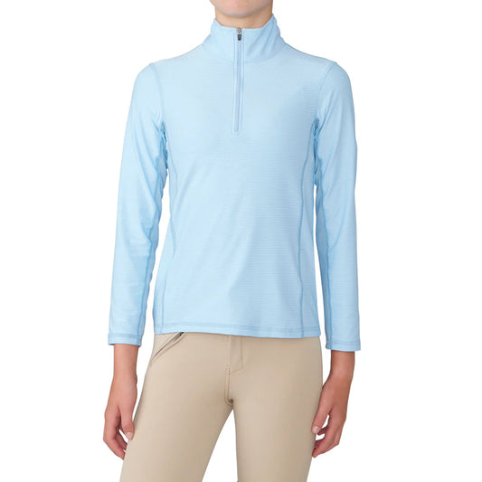 Light blue long-sleeve shirt worn by a person on a white background