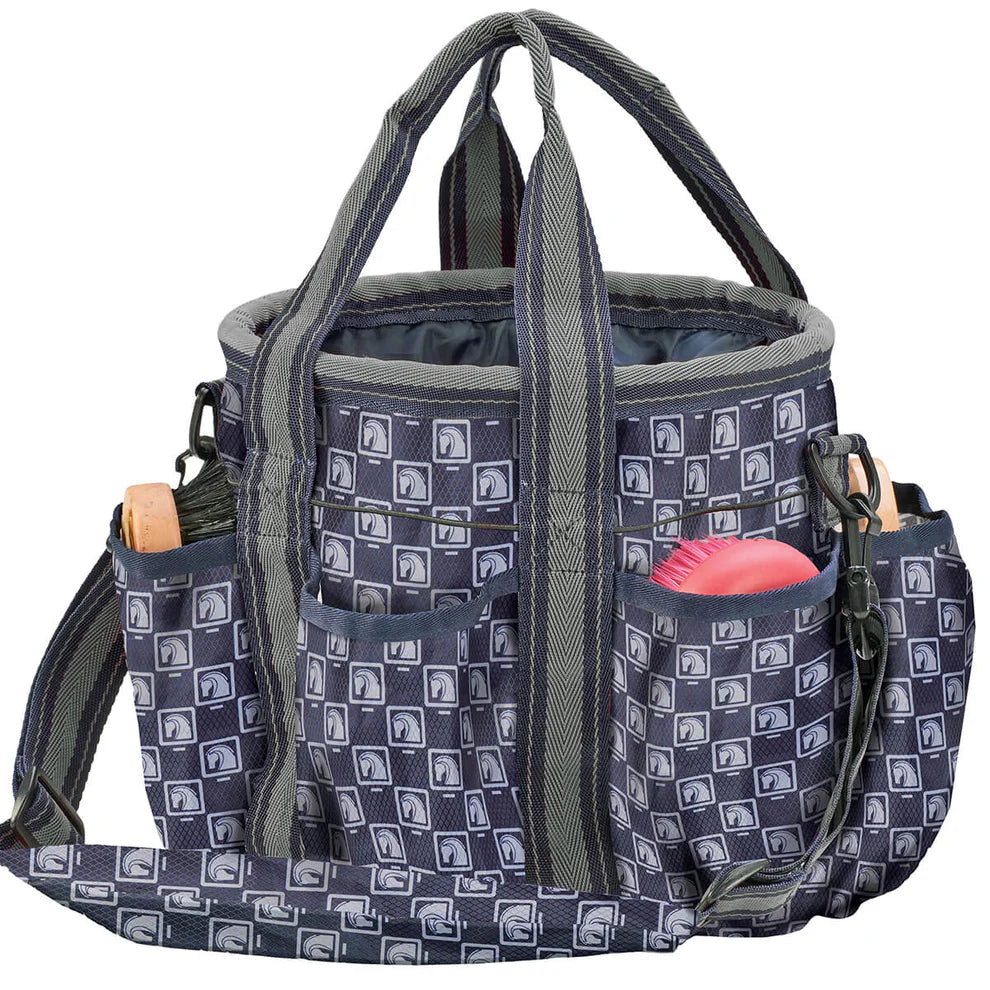 Blue patterned grooming bag with straps and storage pockets on a white background