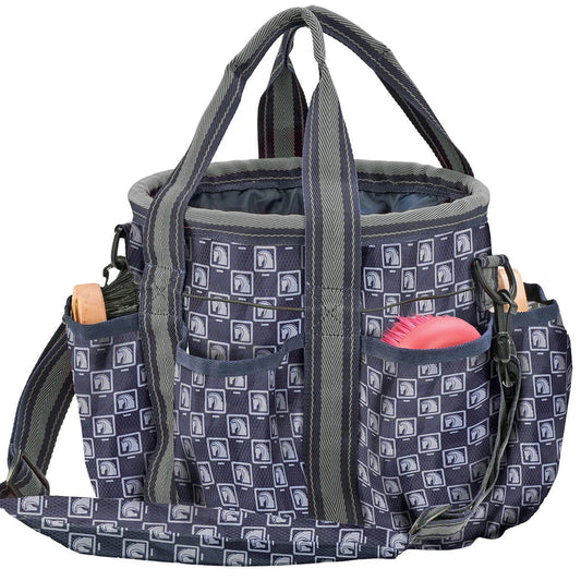 Blue patterned grooming bag with straps and storage pockets on a white background