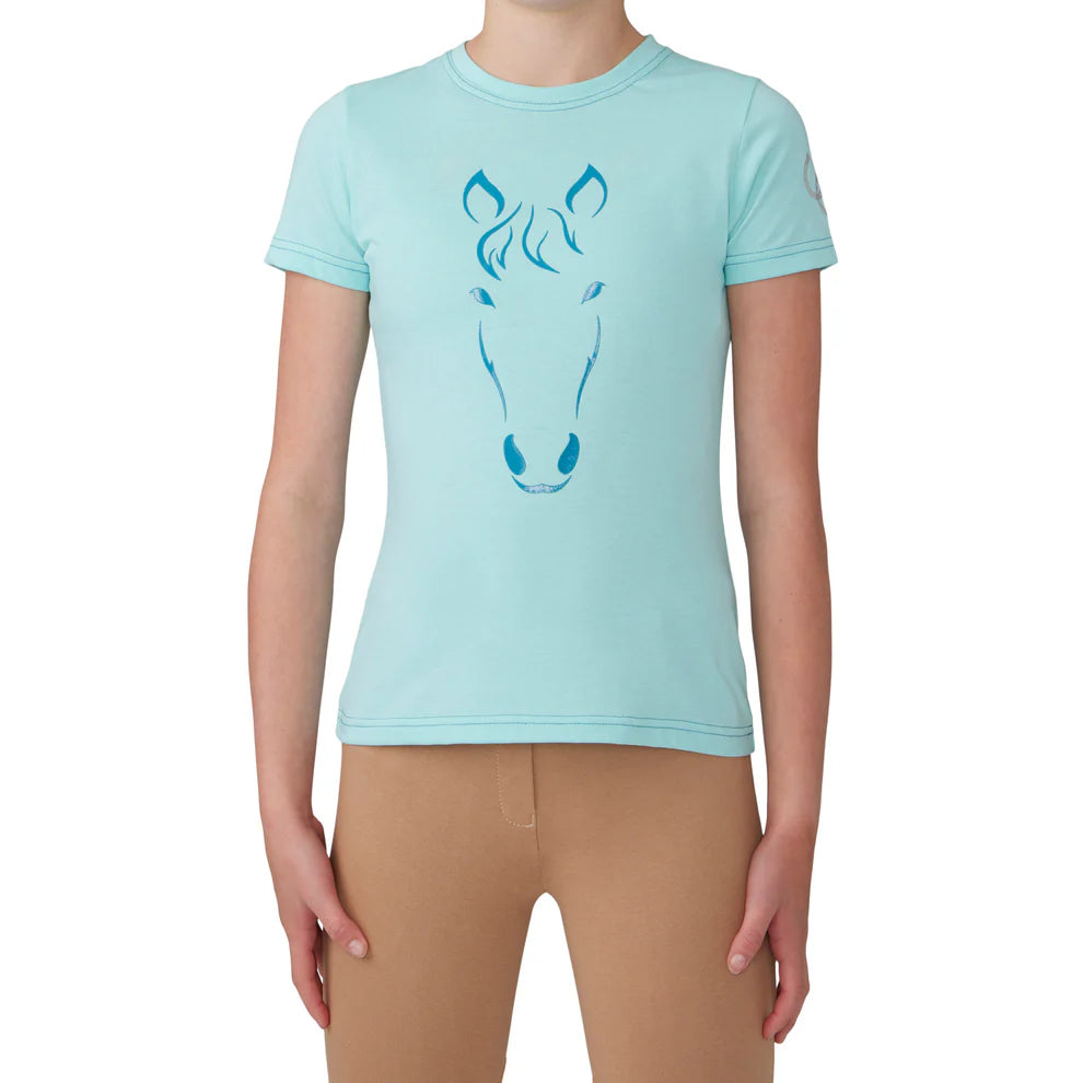 Person wearing a light green t-shirt with a horse graphic on a white background