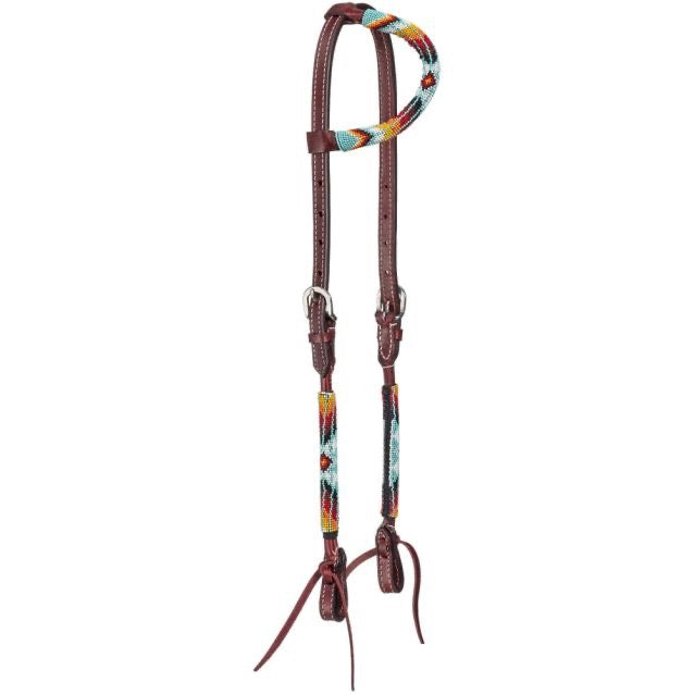 side view of a one ear leather western bridle with colored beads