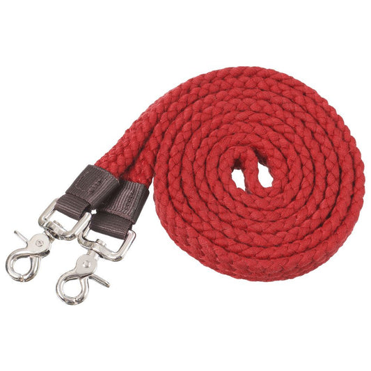Red nylon western reins with scissor snaps at both ends