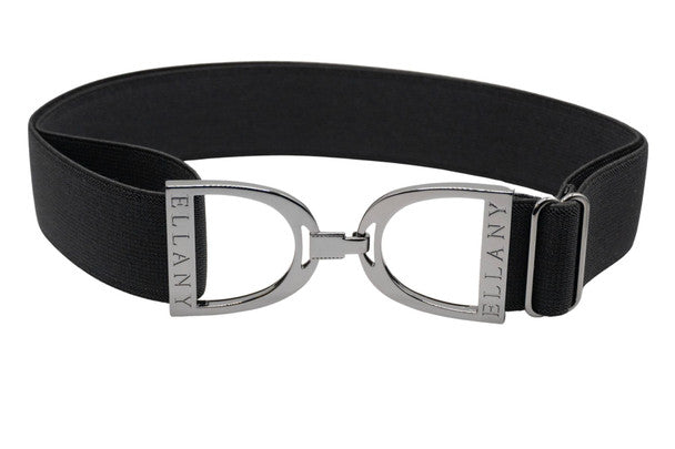 Navy elastic belt with silver stirrup shaped buckle on a white background.