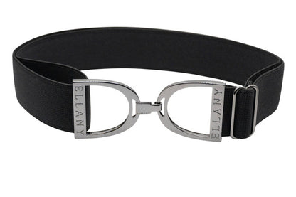 Navy elastic belt with silver stirrup shaped buckle on a white background.