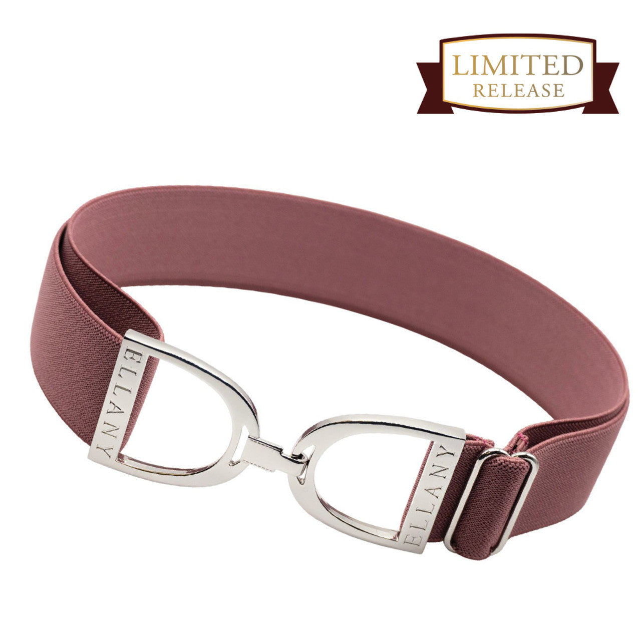 Dusty rose elastic belt with silver Ellany branded stirrup buckles.