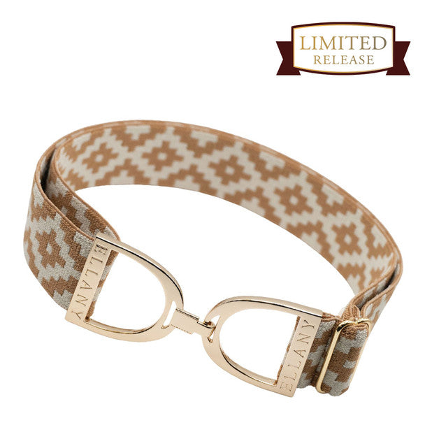 Patterned elastic belt with gold stirrup clasp on a white background, featuring 'ELLANY' branding.
