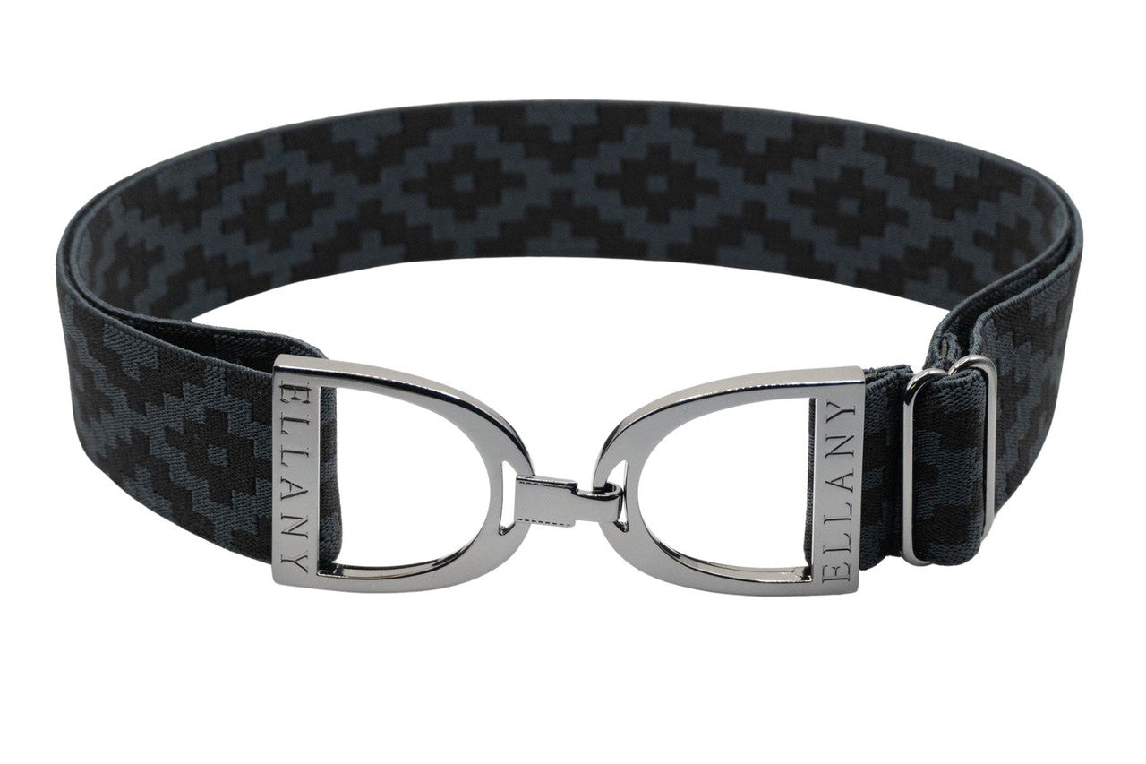 Charcoal and black patterned elastic belt with gunmetal Ellany branded stirrup buckles.
