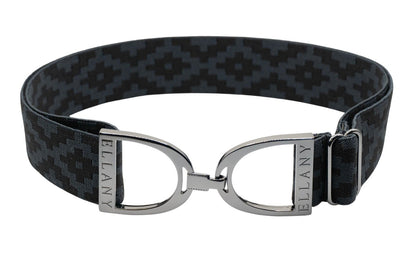 Charcoal and black patterned elastic belt with gunmetal Ellany branded stirrup buckles.