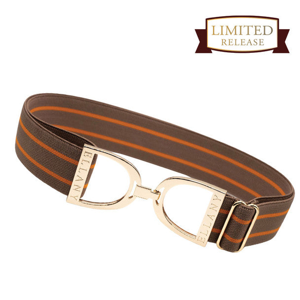 Patterned elastic belt with gold stirrup clasp on a white background, featuring 'ELLANY' branding.