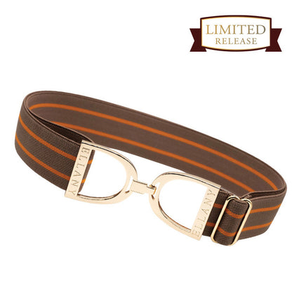 Patterned elastic belt with gold stirrup clasp on a white background, featuring 'ELLANY' branding.