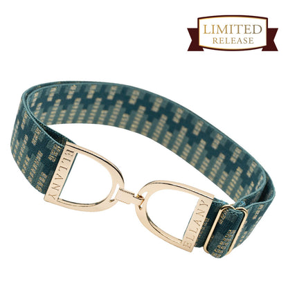 Teal patterned elastic belt with gold Ellany branded stirrup buckles.