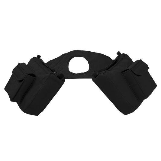 Black saddle bag with multiple pouches intended to sit on the horn of a western saddle.