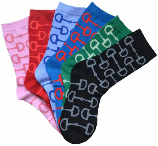 Showing six different colored crew socks with a snaffle bit pattern