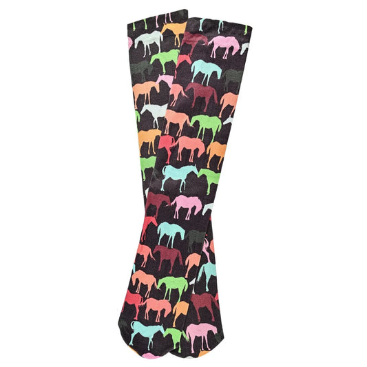 Colorful horse patterned socks on a white background