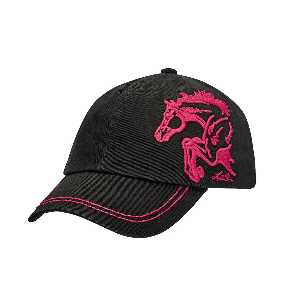 Black cap with redembroidered jumper horse design on a white background