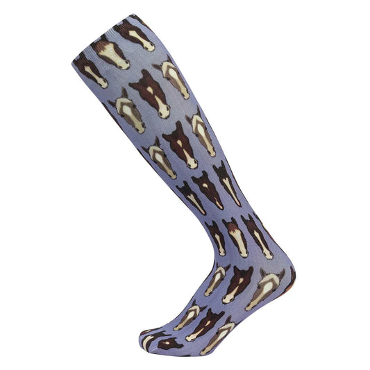 Knee-high sock with brown and beige horse head pattern on a light purple background