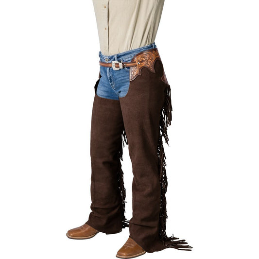 Brown full chaps with fringe and tooled leather accent. 