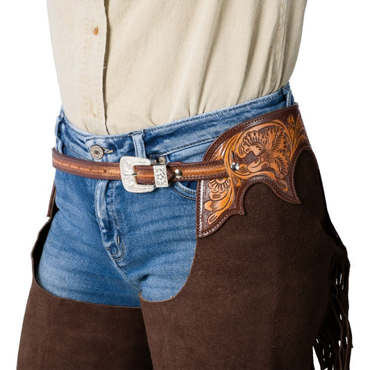 Side view of brown full chaps with fringe and tooled leather accent
