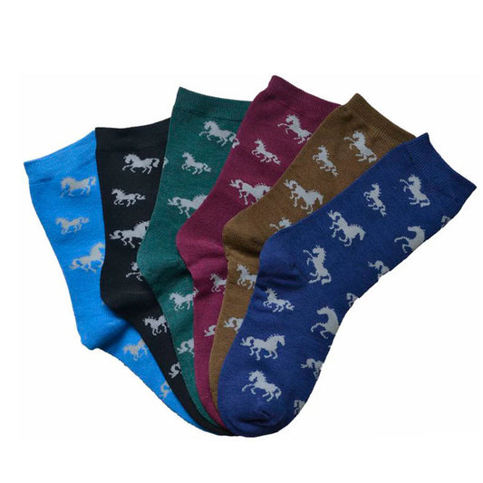 6 pairs of crew socks with horse print - navy, brown, burgundy, green, black, blue