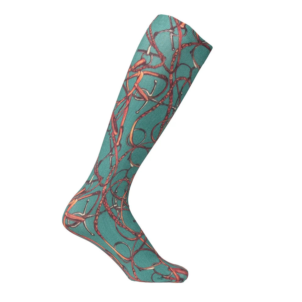 Green knee high sock with snaffle bit and leather print