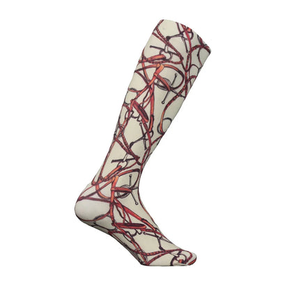 Tan knee high sock with snaffle bit and leather print