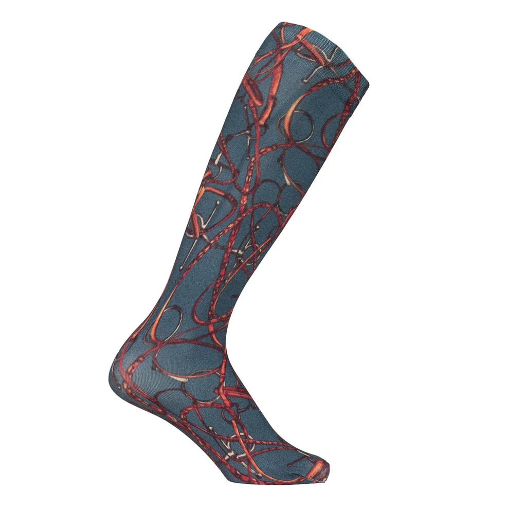 Grey knee high sock with snaffle bit and leather print