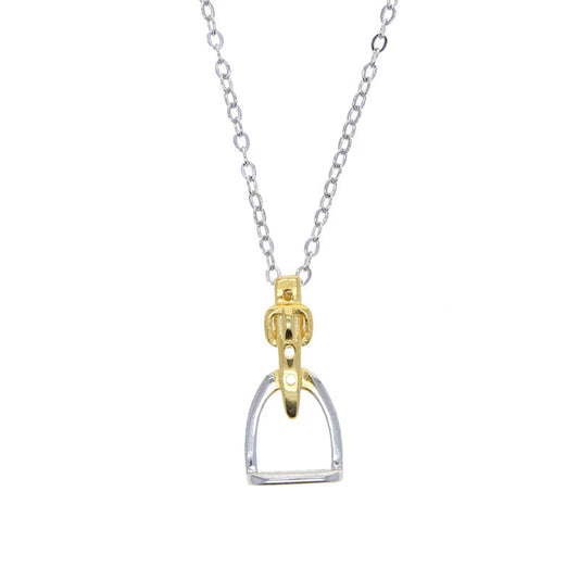 Necklace with a gold and silver stirrup pendant on a white background