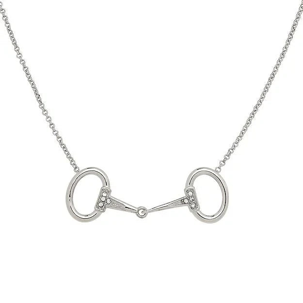 Silver necklace with a snaffle bit pendant on a white background