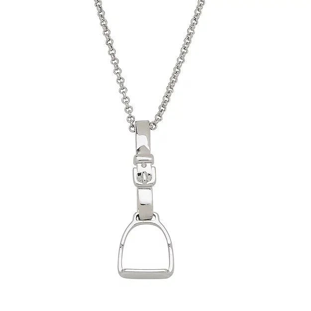 Silver stirrup pendant on a chain against a white background