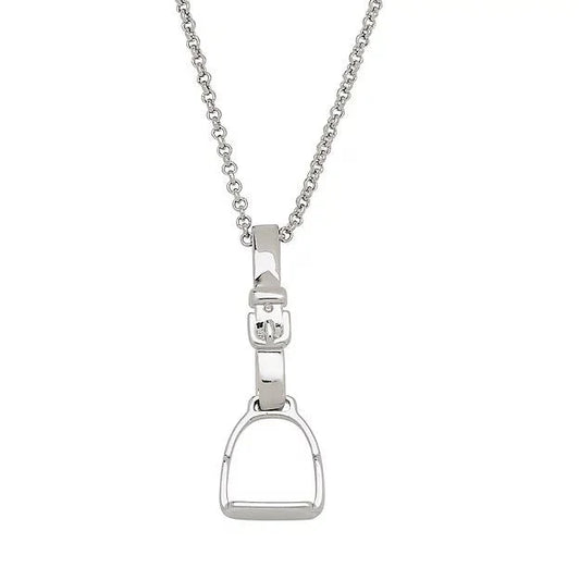 Silver stirrup pendant on a chain against a white background