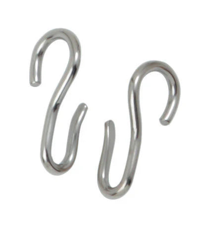 Two metal S-hooks on a white background