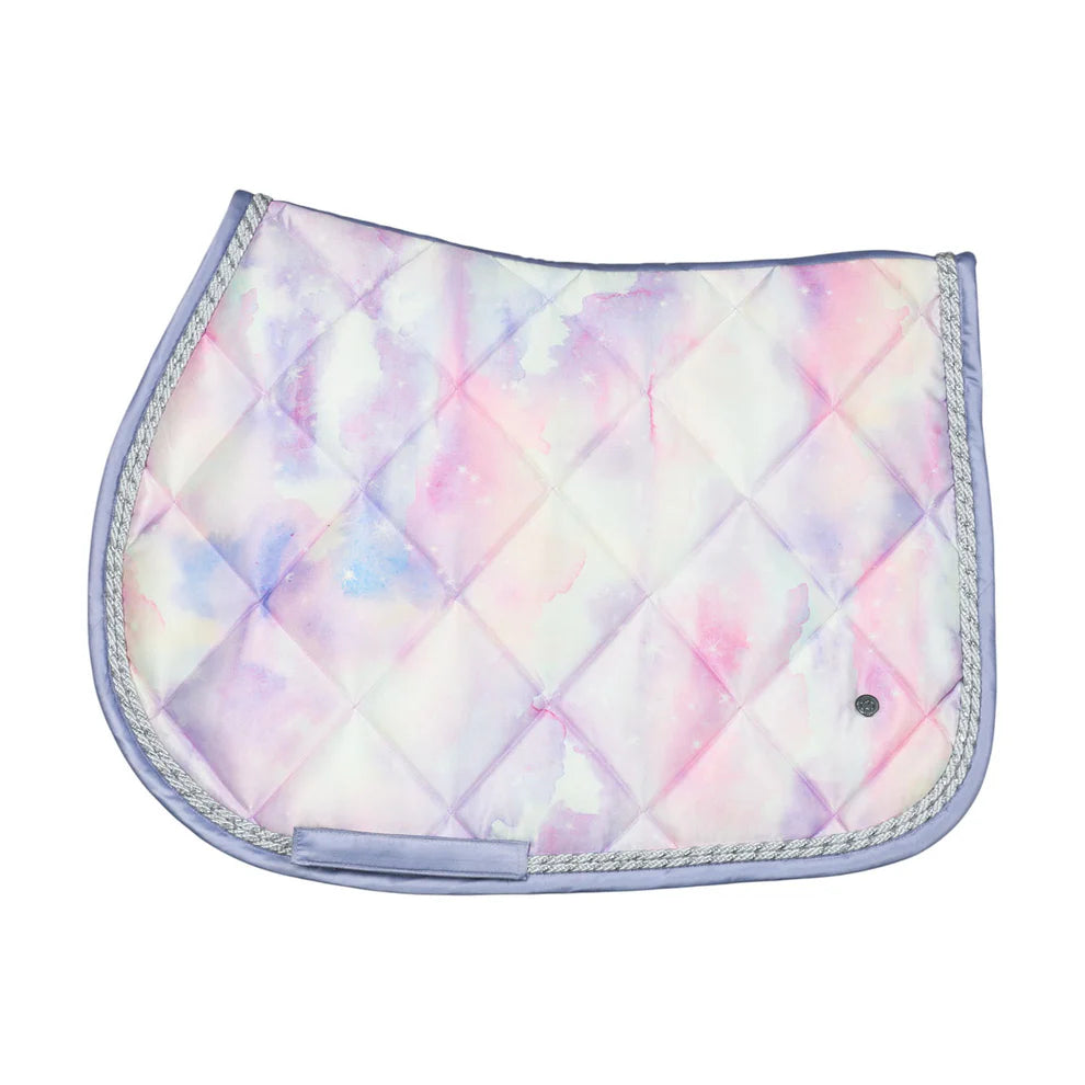 Quilted saddle pad with a pastel tie-dye pattern on a white background