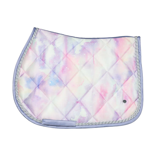 Quilted saddle pad with a pastel tie-dye pattern on a white background