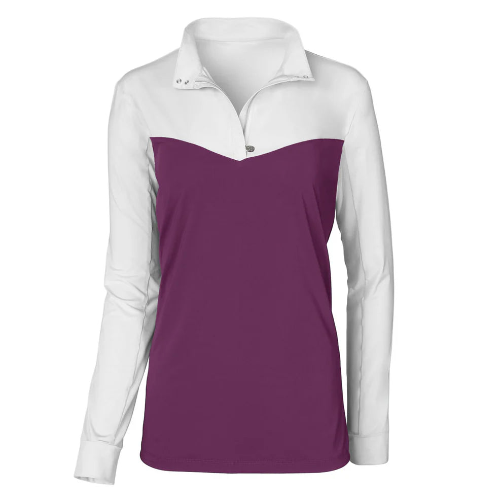 Long-sleeve shirt with white and plum color block design on a white background