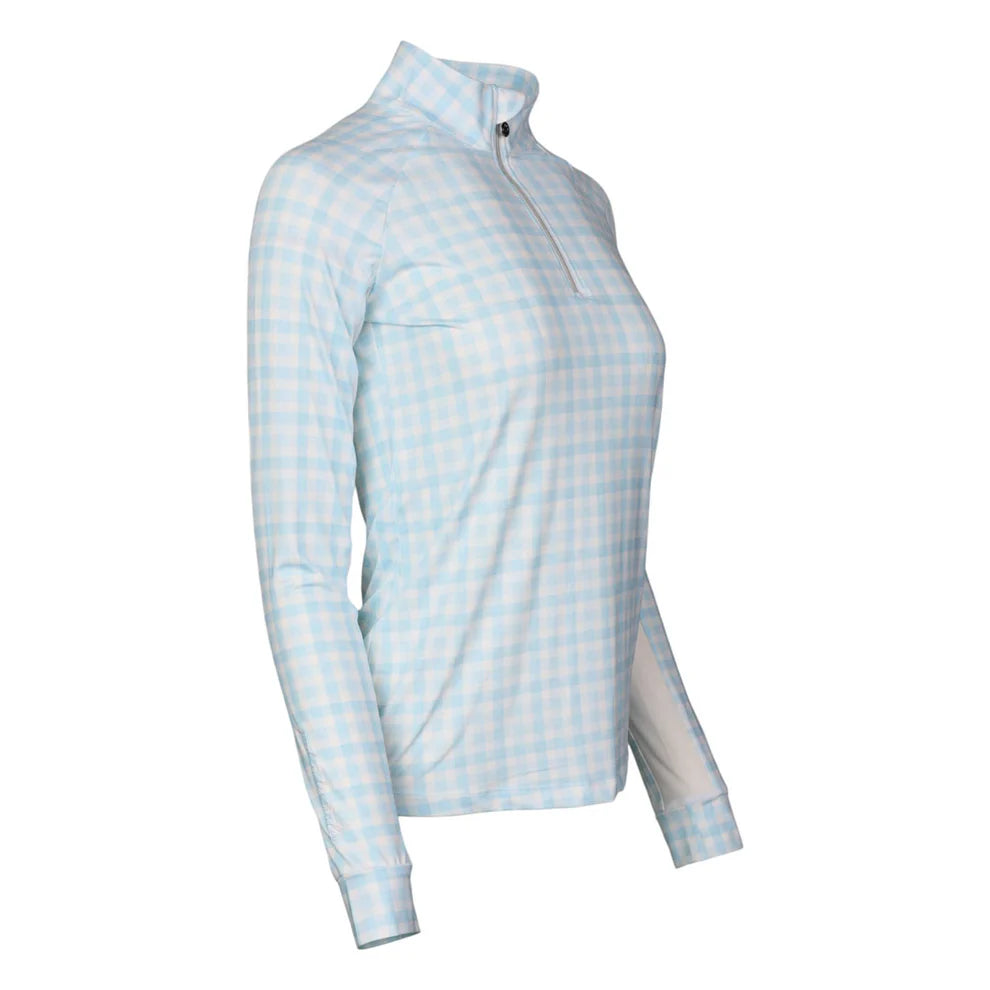 Light blue gingham checkered long sleeve shirt on a white background