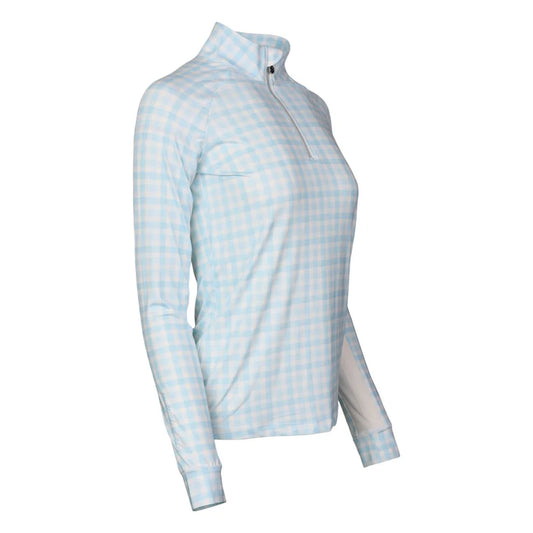 Light blue gingham checkered long sleeve shirt on a white background